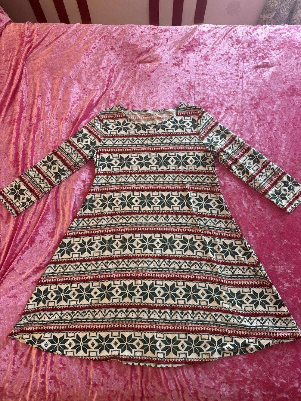 North Pole Women's Nordic Print Holiday Pajama Fit and Flare Dress Red Green